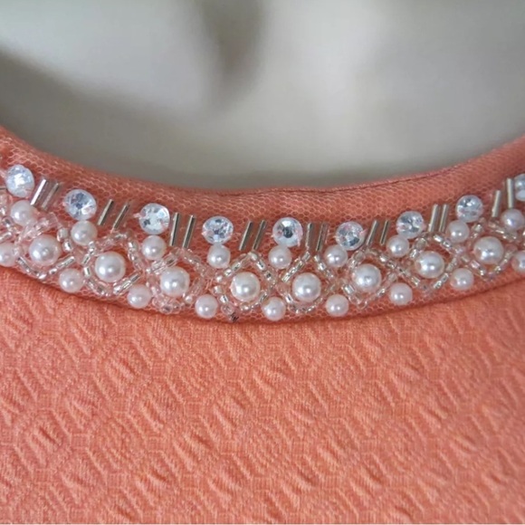 Alya Coral Sleeveless Fitted Beaded Pearl Neck V Back 
Cocktail Bow Dress PartyM - Picture 10 of 15